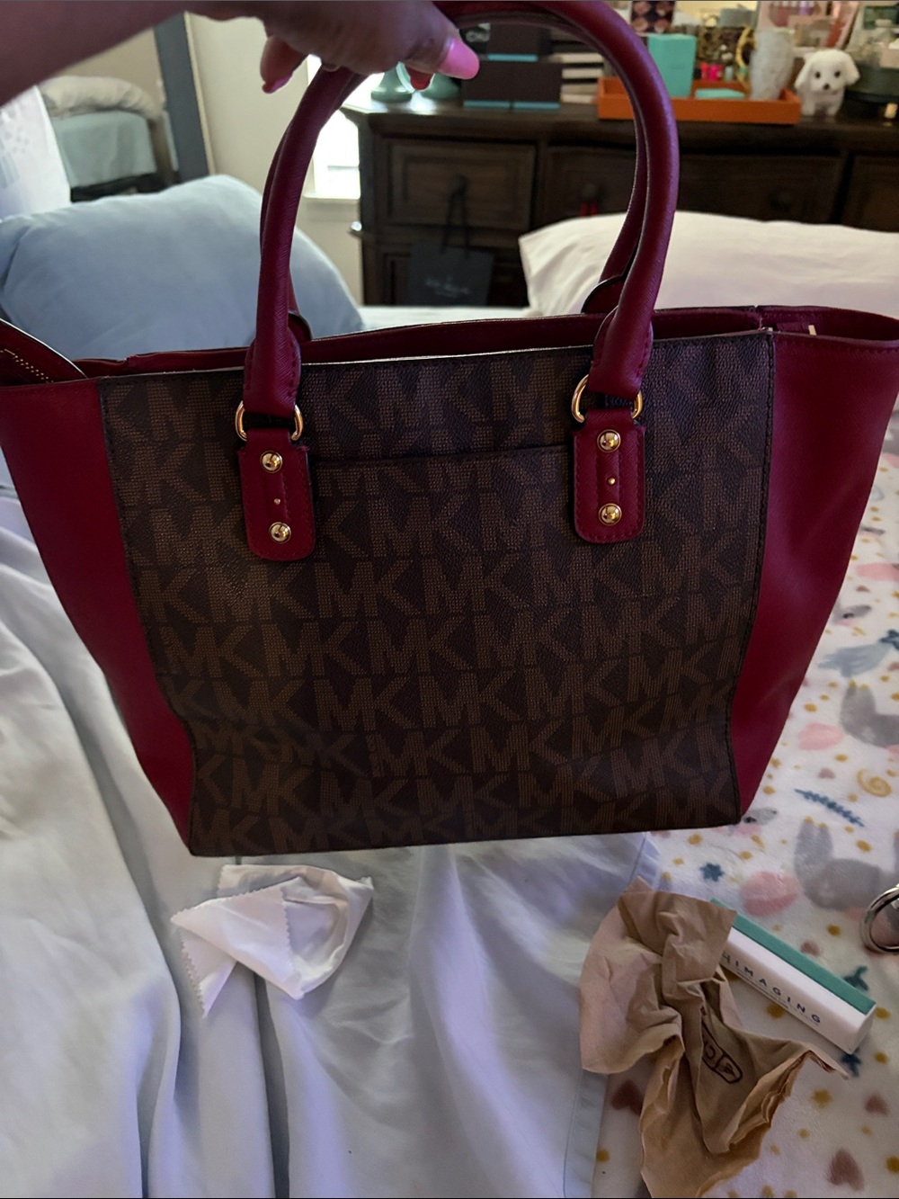 Michael Kors Brown Signature Tote with Red Leather Trim